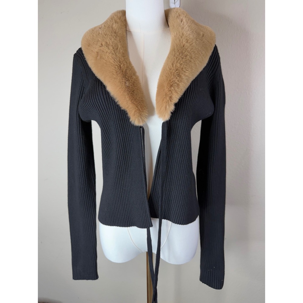 GB Womens Ribbed Knit Cardigan Faux Fur Collar Black Tan Tie Front Glam Y2KL